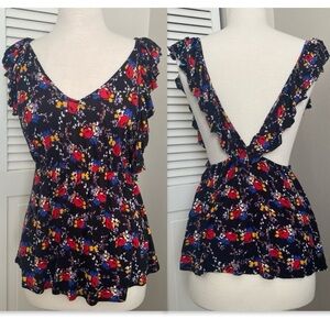 Urban Outfitters Lux Black Dainty Florals Flowy Ruffle Babydoll Cami M Medium